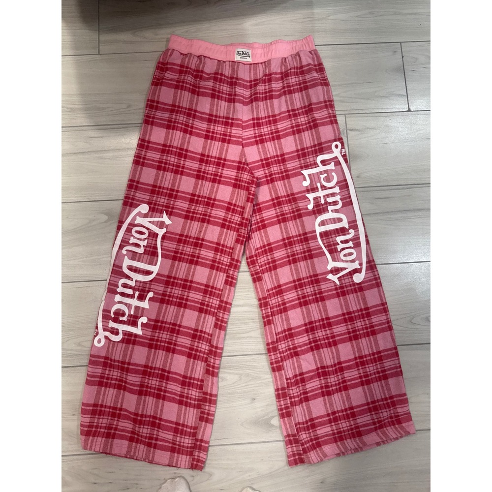 Von Dutch Originals Pink Red Plaid Pajama Set Bralette Wide Leg Pants Large NWT - Picture 5 of 9